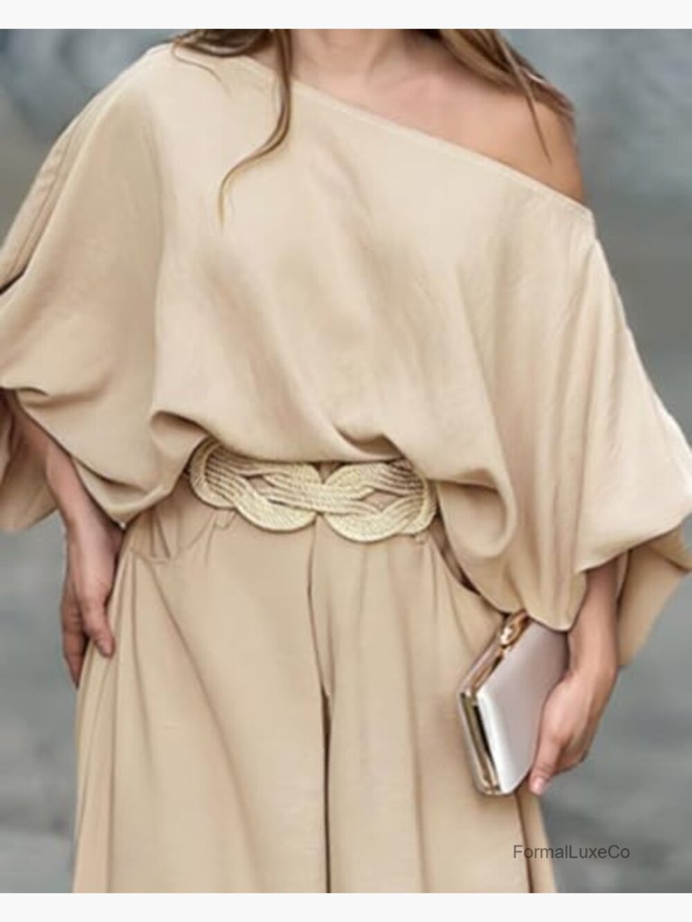 Off Shoulder Top & Wide Leg Pants Set Flowy Two Piece Travel Outfit - Picture 2 of 7